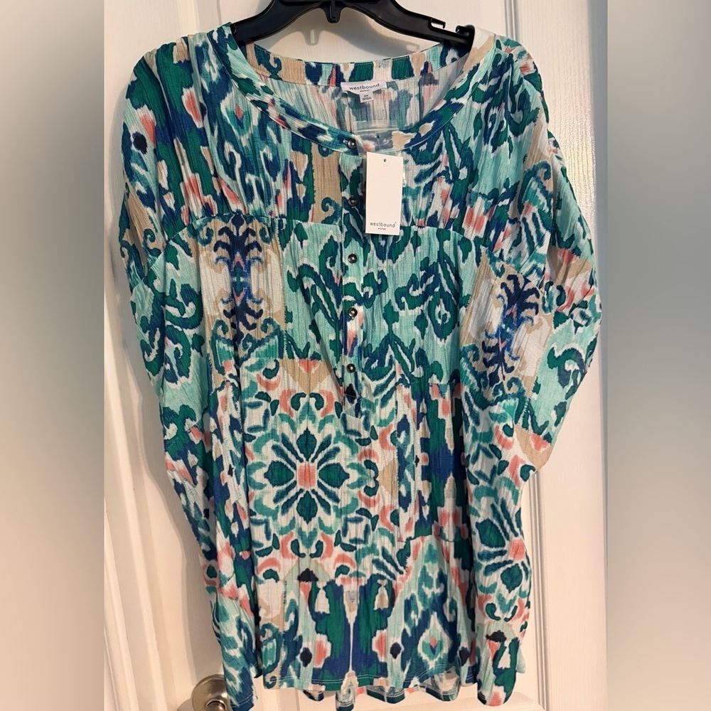 Westbound Teal and Pink Patterned Blouse